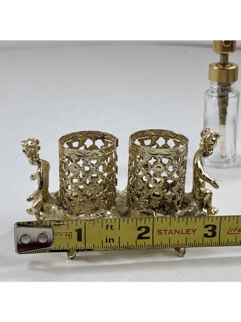 Vintage Cherub Perfume Glass Bottle Set Gold Filigree Holder SF Hollywood Reg - Picture 7 of 9
